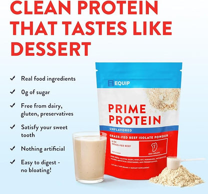 Equip Foods Prime Protein Powder | Clean, Grass Fed Beef Protein Isolate | Carnivore Protein Powder | Paleo, Keto Friendly | Gluten, Dairy Free | Helps Build & Repair Tissue | 30 Servings, Unflavored