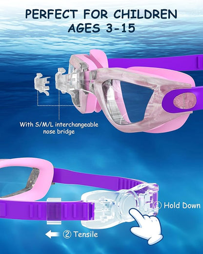 Kids Swim Goggles, Swimming Goggles for Kids Toddlers 3-14 with Swim Cap, Nose Clip, Nose Bridge, Ear Plugs