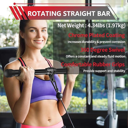 LAT Bar Cable Attachment with Rubber Handgrips, Deluxe Heavy Duty Solid Curl Bar Revolving Hanger Home Gym Cable Attachments