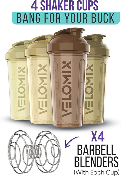 '-4 PACK- 28 oz Protein Shaker Bottle for Protein Mixes - 4x Wire Whisk | Leak Proof Shaker Cups for Protein Shakes | Protein Shaker Bottle Pack | Protein Shake Cup (Brown)