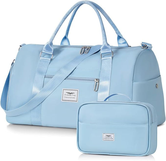 FIORETTO Womens Gym Tote Duffle Bag with Toiletry Bag, Sports Duffel Overnight Hospital Workout Carry on Bag for Girls with Wet Pocket & Shoe Compartment, Ideal for Travel, Swimming, Dance Light Blue