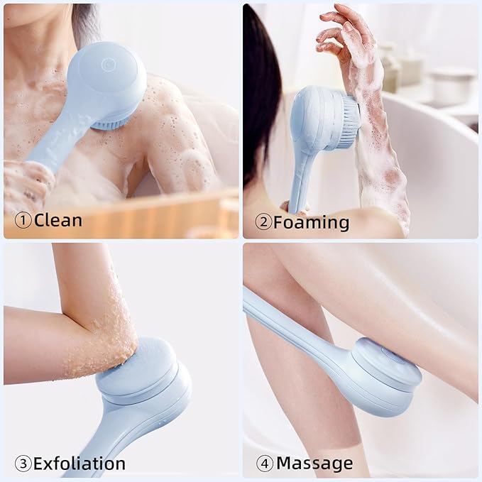 Electric Body Brush Back Scrubber for Shower, Waterproof Long Dual Handle Power Body Scrubber with 3 Heads, Rechargeable Bath Brush & 2 Speeds, for Cleansing, Exfoliating and Massaging Skin