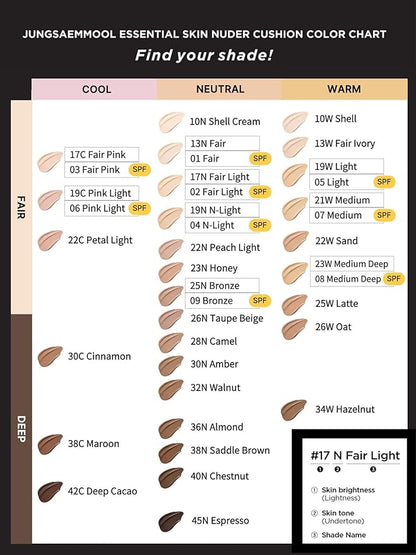 JUNG SAEM MOOL Essential Skin Nuder Cushion 17N Fair Light 0.49 Fl Oz, No Refill, Natural Radiant Finish Cushion Foundation with Buildable Coverage, Lightweight Texture, Korean Foundation Makeup