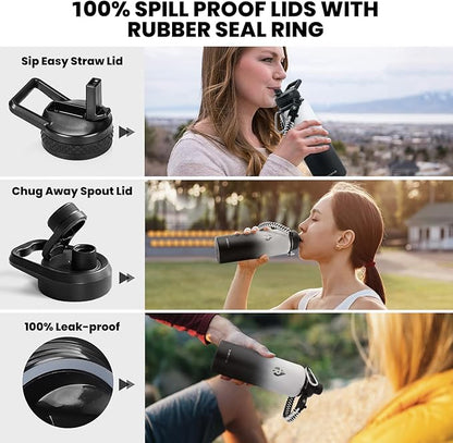 Insulated Water Bottle 40 oz, Triple Wall Vacuum Stainless Steel (Cold for 48 Hrs), Leak Proof & Non-BPA, Modern Water Flask Jug with Paracord Handle & Straw Spout Lids, Ombre: White/Black