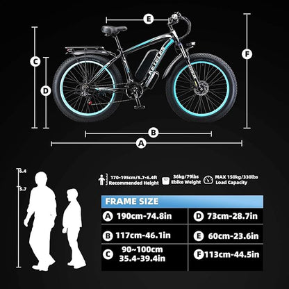 Electric Bike for Adults，26" x 4" Fat Tire Ebike，28MPH 1000W Motor Peak Power 2000W Electric Bicycles，48V 15AH Removable Battery，21 Speed Mountain Snow Beach E Bike