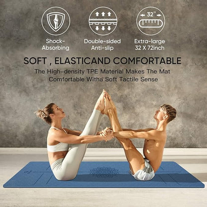 Yoga Mat Non Slip TPE Extra Wide Yoga Mat with Alignment Mark, 72"L x 32"W x 0.32"/0.24"Th (183cm x 81cm x 8mm/6mm), Anti-Tear Exercise Mat with Carrying Strap and Bag, Workout Mats for Yoga, Pilates