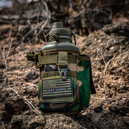 Iron Infidel Battle Bottle - Half Gallon Water Bottle Insulated, 64 oz Stainless Steel Water Jug with Handle- Gym Water Bottle for Men with Rugged Sleeve for Storage (Woodland 2 Liter)