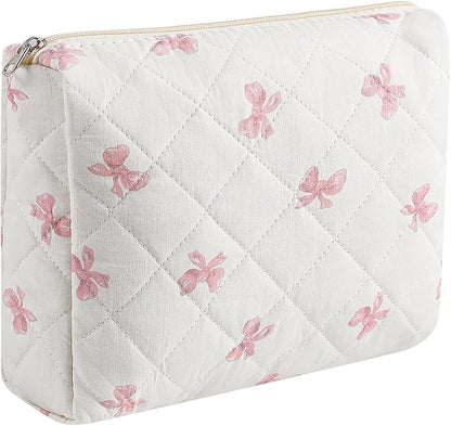 Large Quilted Cotton Makeup Bag Cosmetic Bag for Women, Cute Large Floral Cotton Travel Cosmetic Bag, Zipper Toiletry Bag Makeup Organizer Storage Bag (Pink Bow Tie)