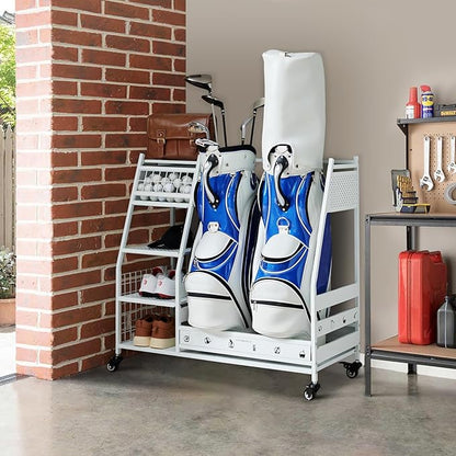 Lauren&Harold Golf Bag Organizer Garage Storage, Golf Storage Rack Stand Fits 2 Golf Bags, Golf Clubs and Other Golfing Equipment Accessories, Golf Organizer for Garage, Club, Shed, Basement
