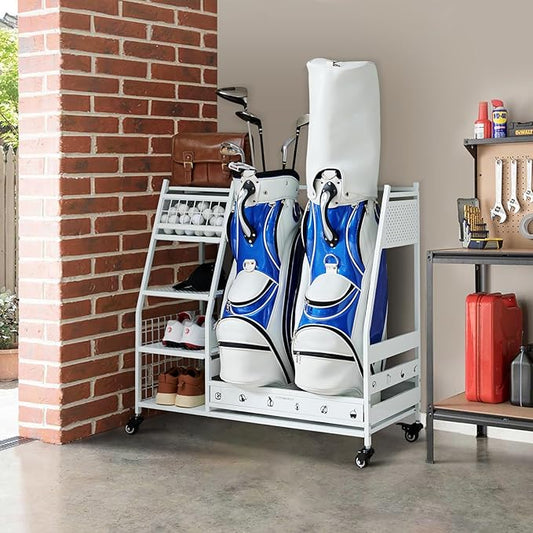 Lauren&Harold Golf Bag Organizer Garage Storage, Golf Storage Rack Stand Fits 2 Golf Bags, Golf Clubs and Other Golfing Equipment Accessories, Golf Organizer for Garage, Club, Shed, Basement