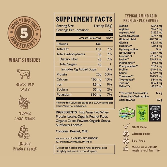 Earth Fed Muscle Power Couple Peanut Butter Chocolate Truly Grass Fed Whey Protein Isolate - NSF-Certified. No Artificial Ingredients, Soy Free, Gluten Free, Non-GMO & Hormone Free 26 Servings