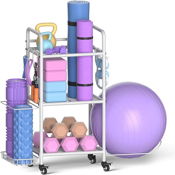 Home Gym Storage Rack Exercise Equipment Storage Organizer for Yoga Mat Dumbbells Kettlebells Foam Roller Yoga Strap & Resistance Bands, Ideal Yoga Mat Holder & Workout Equipment Organizer