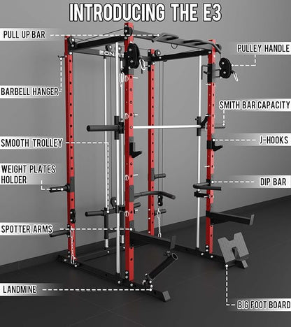 Eonfit E3 Smith Machine with 360°Rotating Arm for Home Gym Equipment, Multi-Function Power Cage Squat Rack with Cable Crossover LAT Pulldown Pulley System All in One