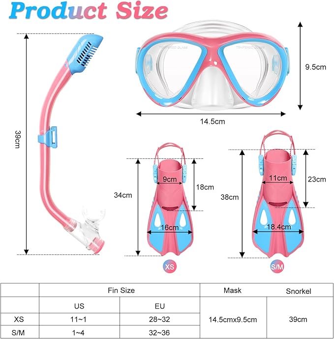 Kids Mask Fins Snorkel Set, Dry Top Snorkeling Gear for Kids Youth Boys Girls Junior Age 5-15 Tempered Glass Snorkel Mask Set Panoramic View Snorkeling Packages