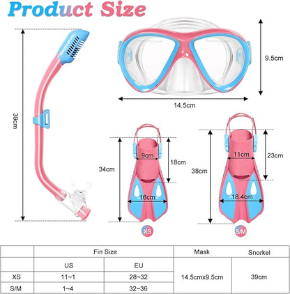 Kids Mask Fins Snorkel Set, Dry Top Snorkeling Gear for Kids Youth Boys Girls Junior Age 5-15 Tempered Glass Snorkel Mask Set Panoramic View Snorkeling Packages