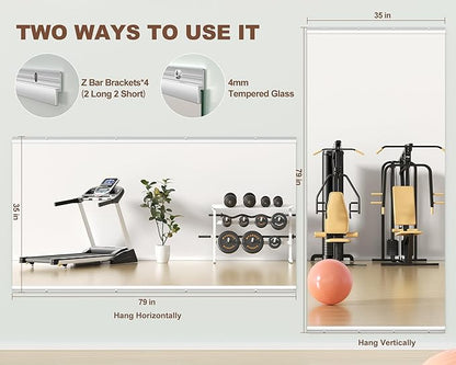 Hasipu Home Gym Mirror 79" L x 36" W - 1PC Large Full Body Mirror for Yoga, Wall-Mounted Mirrors for Fitness, Garage, Dance Studio, 0.16in Tempered Glass Frameless