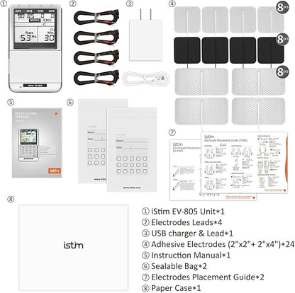 iSTIM EV-805 TENS EMS 4 Channel Rechargeable Combo Machine Unit - Muscle Stimulator + Back Pain Relief and Management- 24 Programs/Backlit (Including Electrodes Pads)