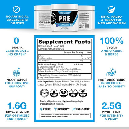 Honey Badger Pre Workout Powder, Keto Vegan Preworkout for Men & Women, Beta Alanine & Caffeine, Sugar Free Natural Energy Supplement, Blue Raspberry, 30 Servings