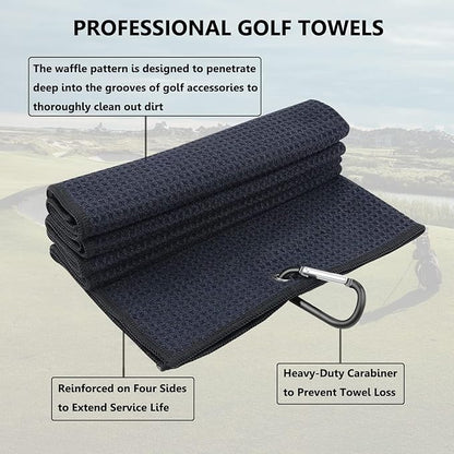 3 Pack Large Golf Towels, 16" x 24" Tri-Fold Portable Microfiber Fabric Waffle Pattern Golf Towel for Golf Bag with Carabiner Clip to Quickly Remove Sand, Mud, Dirt and Sweat