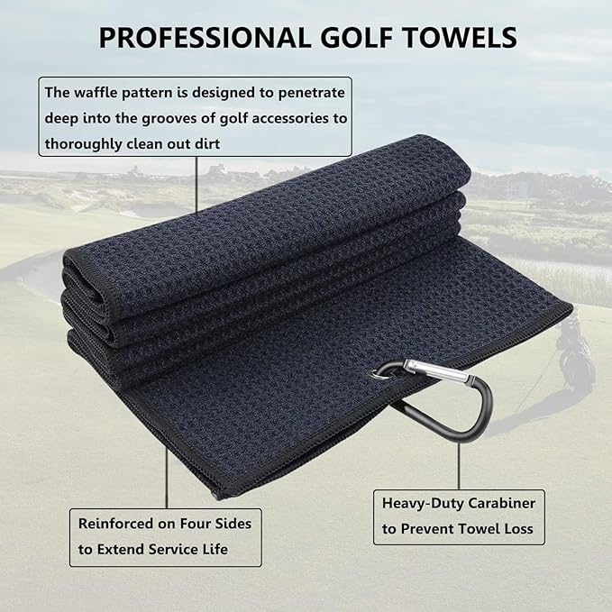 3 Pack Large Golf Towels, 16" x 24" Tri-Fold Portable Microfiber Fabric Waffle Pattern Golf Towel for Golf Bag with Carabiner Clip to Quickly Remove Sand, Mud, Dirt and Sweat