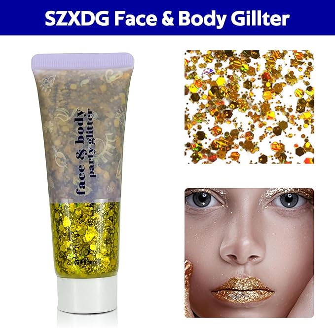Body Glitter Gel, Face Shimmer Glitters for Women Girls, Long Lasting Sparkly Makeup for Birthday Christmas Festivals, Nails Hair Eyeshadow Paint Accessory (Gold)