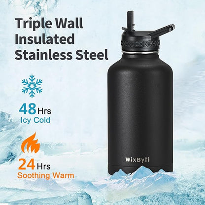 64 oz Insulated Water Bottle with Straw (Cold for 48 Hrs), Half Gallon Stainless Steel Triple Wall Vacuum Sports Water Jug, Leakproof Hydro Cup Flask with Straw Spout Lids & DIY Stickers