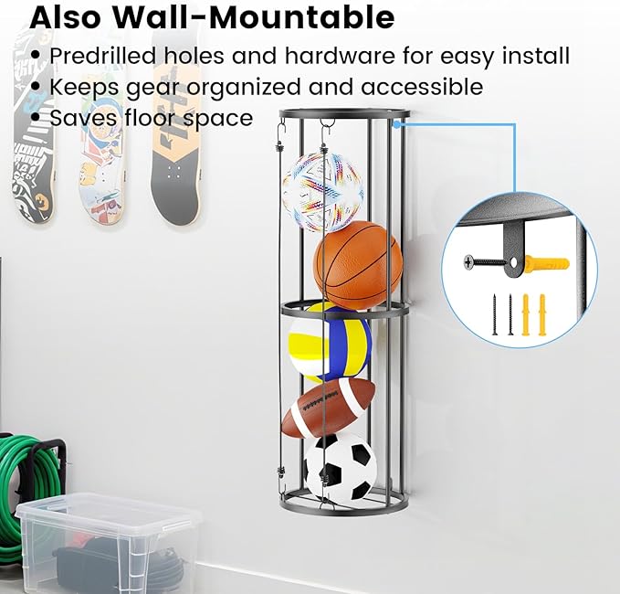 Garage Ball Storage Rack – Freestanding & Wall Mounted Sports Organizer with Elastic Cords Holds 7 Balls – Space Saving Basketball Soccer Football Holder for Home Kids Room