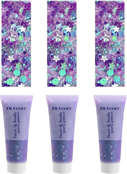 Face Body Glitter, Hair Glitter Sparkles Chunky Face Glitter Gel for Girls Makeup Singer Concerts Mermaid Festival Sequins Face Paint (3pc Purple)