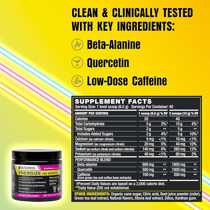 BODi Energize Pre Workout Powder - Beta-Alanine, Quercetin & Low-Dose Caffeine Formula for Enhanced Energy & Focus, Increase Energy & Endurance Supplement, Mixed Berry, 40 Servings