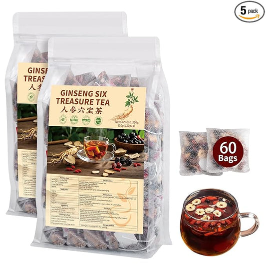 Kidney Tea Formula Ginseng Six Treasure Tea - Natural Chinese Traditional Herbal Ginseng Five Treasures Kidney Detox Cleanse Teabag For Men Women - 60 Bags