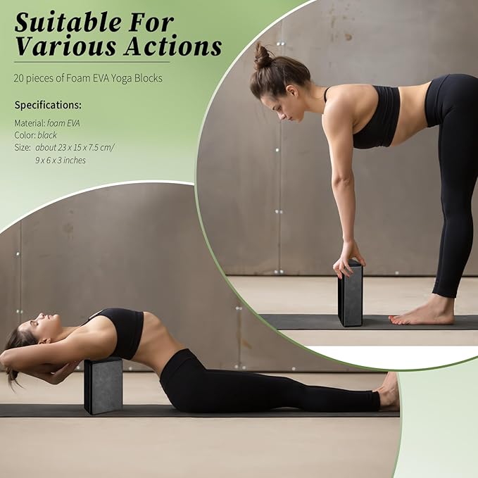 Yilloog 20 Pcs Foam EVA Yoga Blocks - High Density Non Slip Supportive Foam Blocks - Lightweight Black Yoga Bricks - Props for Women, Men, Beginners, Pilates, Meditation