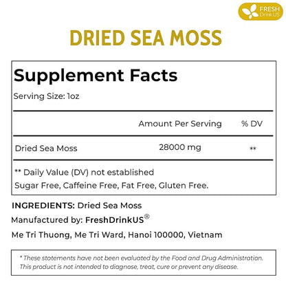 FRESHDRINKUS, Premium - Natural Sea Moss, Make 42oz of Gel, Goldne Raw Sea Moss Dried, 100% Natural & Pure, Wildcrafted, Sundried, Caffeine Free, Sugar Free, Gluten Free, Vegan, Mineral Rich