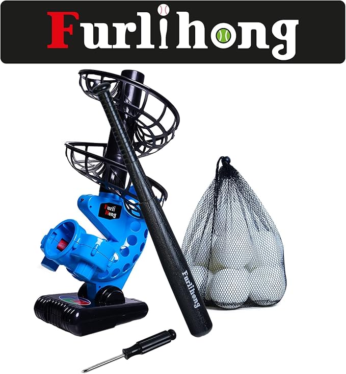 Furlihong 380BH Baseball Pitching Machine, Battery Powered, Angle Adjustable, Comes with Bat and One Dozen Training Balls, for Kids and Beginner