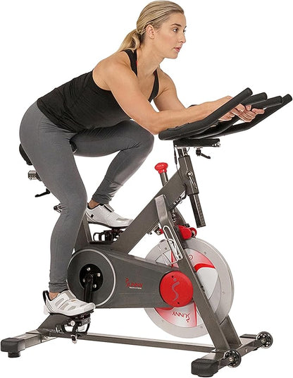Sunny Health & Fitness Magnetic Exercise Bike, 44LB Flywheel & 300LB Weight Capacity for Intensive Home Workout, Indoor Cardio Training w/4-Way Adjustable Seat, Optional Free SunnyFit App Connection