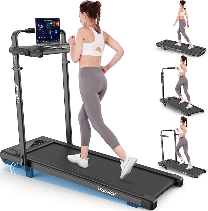 Walking Pad Treadmill with Desk Workstation, 10% Incline Foldable Treadmill with Handrail, 300lbs Capacity, 3 Control Methods, 8 in 1 Folding Treadmills for Home Office