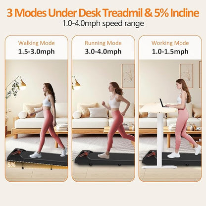2.5HP Walking Treadmill Pad Incline, Under Desk Treadmill with Remote, 3 in 1 Low Noise Small Walking Mini Pad with Led Screen, Compact Treadmills for Home, 265lbs Capacity