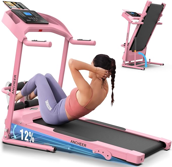 ANCHEER Foldable Treadmill with Sit Up Bench, 2025 Upgrade 3.5HP Portable Treadmills for Home with Incline 350 lbs Capacity, Smart LCD Display Body Fat& Heart Rate, Multifunction Exercise Equipment