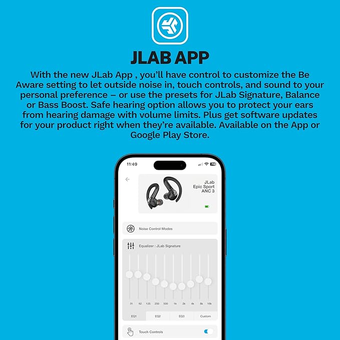 JLab Epic Air Sport ANC 3 True Wireless Bluetooth Earbuds for Active Workout, Hybrid Dual Drivers for Premium Sound, Hi-Res Audio, Spatial Audio, AAC, Sweatproof, 12+ Hours Playtime, Google Fast Pair