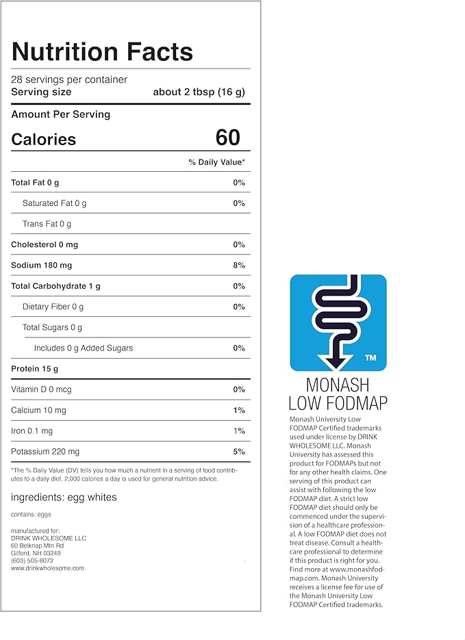 drink wholesome Unflavored Egg White Protein Powder | for Sensitive Stomachs | Gut Friendly | Dairy Free | Low FODMAP | No Artificial Sweeteners | No Bloating or Gas | No Constipation or Diarrhea