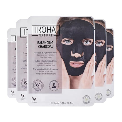 IROHA NATURE Face Masks - Packs for Better Skin (Pack of 5, Rebalancing & Hydrating Tissue Face Mask with Charcoal & Hyaluronic Acid)