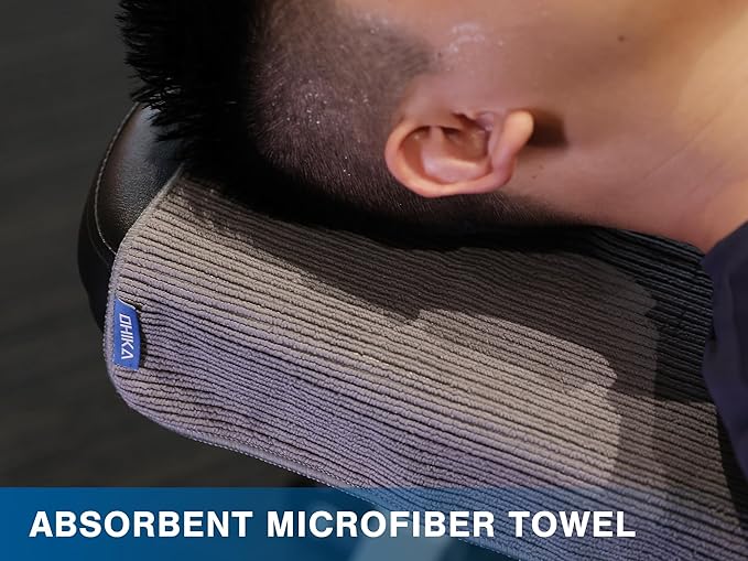 Microfiber Gym Towels with Snap Strap Closure, Ribbed Pattern Sports Towels for Yoga, Home and Outdoor Activities, 27” x 16”, 6 Pack, Black/Grey/Light Blue