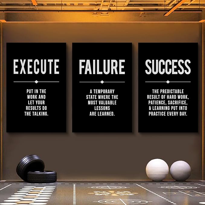 Framed Canvas Wall Art Success Quote, Office Wall Art, Black Large Poster, Positive Motivational Set of 3 Prints, Execute Failure Definition, Inspirational Print (A-3pcs,24x36inchx3pcs)