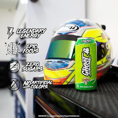 GHOST Energy Drink - 12-Pack, Warheads Sour Green Apple, 16oz - Energy & Focus & No Artificial Colors - 200mg of Natural Caffeine, L-Carnitine & Taurine - Gluten-Free & Vegan