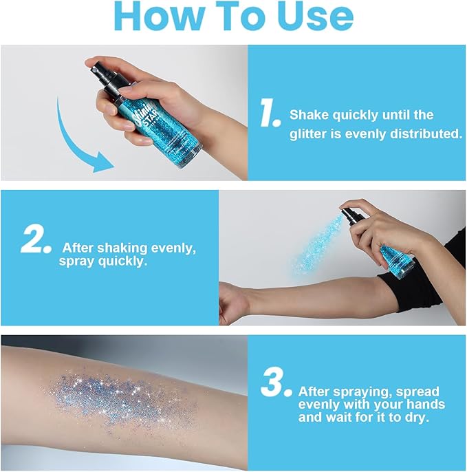 Body Glitter Spray & Glitter Hairspray - Ultra Shiny, Long - Lasting, Quick - Dry & Waterproof. Clog - Resistant Nozzle. Perfect for Parties, Dances and All Glamourous Occasions Bule