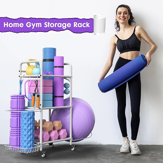 Home Gym Storage Rack Exercise Equipment Storage Organizer for Yoga Mat Dumbbells Kettlebells Foam Roller Yoga Strap & Resistance Bands, Ideal Yoga Mat Holder & Workout Equipment Organizer