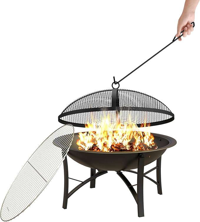 Fire Beauty Fire Pit for Outside Wood Burning,BBQ Grill Steel Fire Bowl with Cooking Grate,Spark Screen Cover,Log Grate,Poker for Camping Beach Bonfire Picnic Backyard Garden