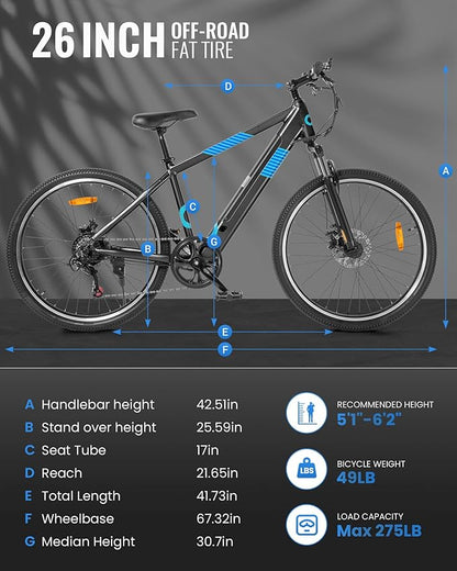 Electric Bike for Adults,36V Built-in Invisible Removable Battery,350W Brushless Motor(Peak 450W) Electric Mountain Bike,26" Tires&Front Fork Suspension,UL Certified 7-Speed