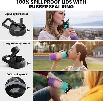 Insulated Water Bottle 40 oz, Triple Wall Vacuum Stainless Steel (Cold for 48 Hrs), Leak Proof & BPA-Free, Modern Water Flask Jug with Paracord Handle & Straw Spout Lids, Hydrangea