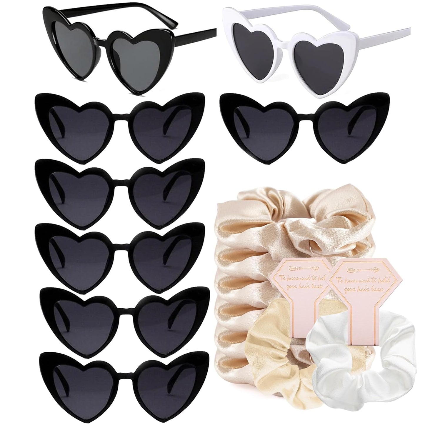 1+7 Pack Bachelorette Party Favor Retro Heart Sunglasses and Bridesmaid Scrunchies Set (Champagne)