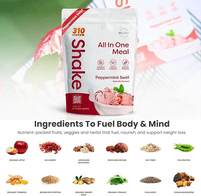 310 Nutrition All-In-One Meal Replacement Shake Powder - Plant-Based Protein Smoothie Blend w/High Fiber, Probiotics & Adaptogens - Low Carb, Vegan, Keto & Paleo Friendly - Peppermint Swirl - 28 Srv
